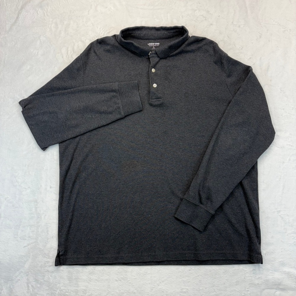 Lands End Mens XL Charcoal Gray Heather Supima Cotton Long Sleeve Polo Shirt